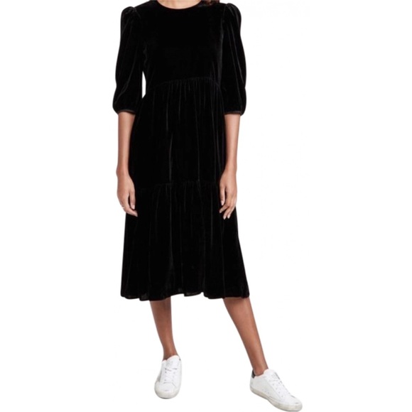 WAYF Black Velvet Midi Dress - Picture 1 of 8